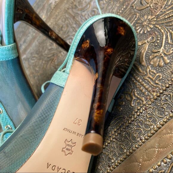 Escada Heals shoes size 6 open toe lace up Coquette tortoise pastel mint NEW - Picture 9 of 10